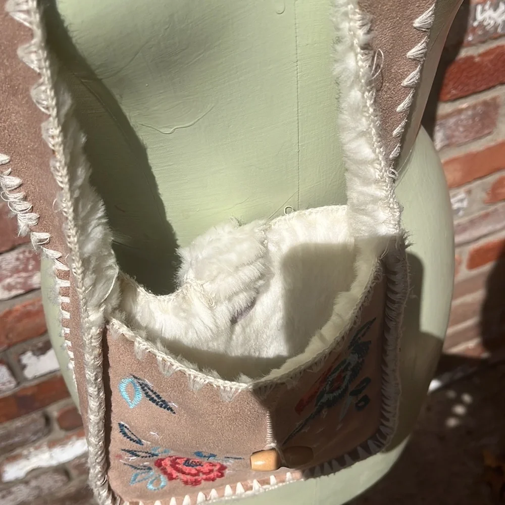 Monsoon Suede Embroidered Fur lined CrossBody Purse - Picture 4 of 7